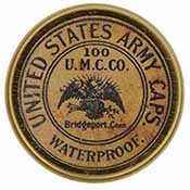 Cap box, 1-3/4" diameter, 
empty, with antique style label marked, 
United States Army Caps. Waterproof, 100 U.M. C. Co. Bridgeport Conn.